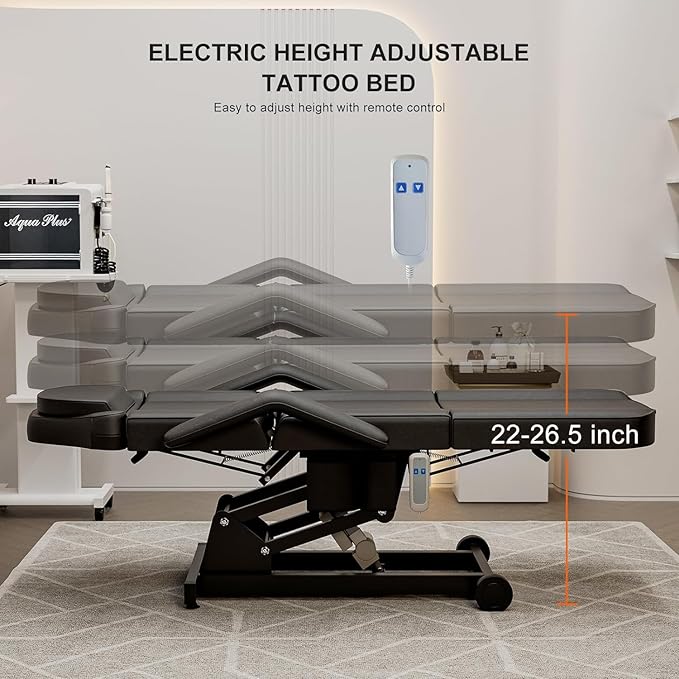 Icoget Electric Tattoo Chair Esthetician Bed and Stool, Lash Chair for Eyelash, Facial Bed Spa Massage Table for Beauty Microblading, Wax, Black