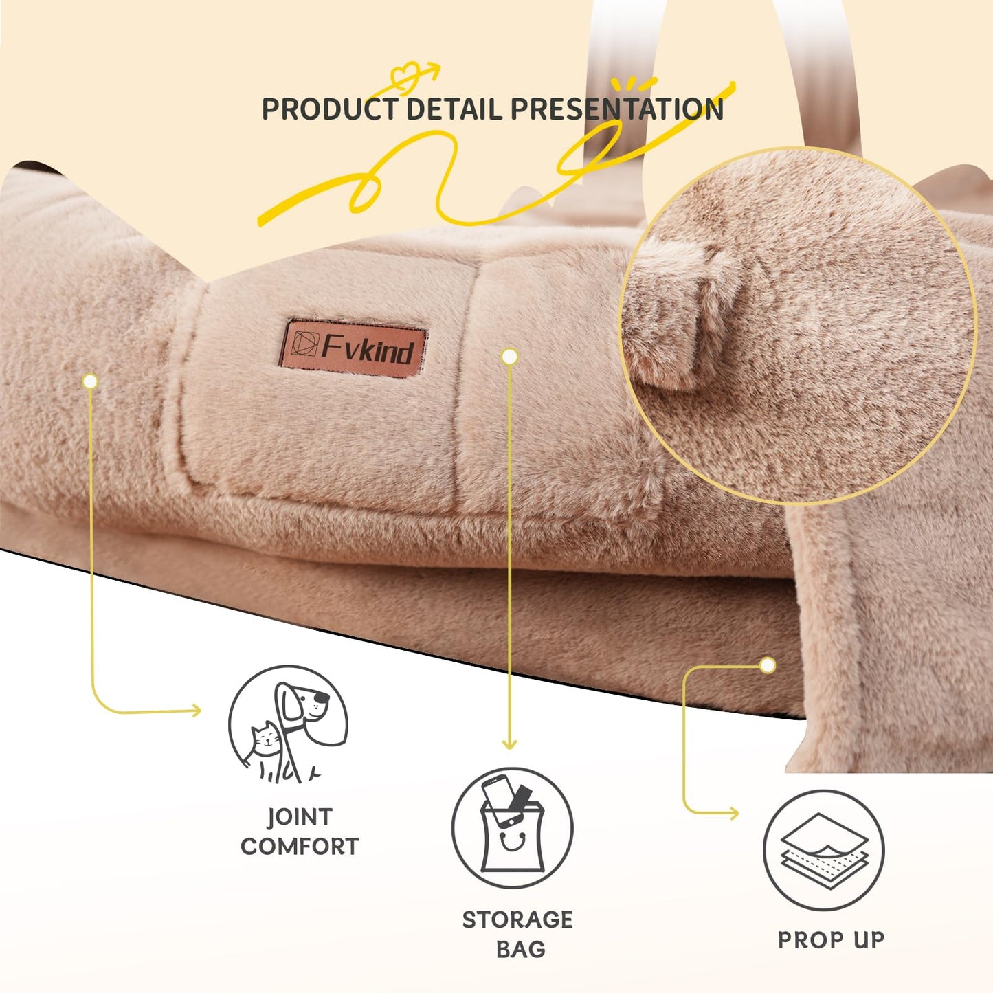 Fvkind Human Dog Bed for Adults, 71"x51"x12" Washable Orthopedic Size, Faux Fur Removable, Cozy Large Present with Blanket and Pillow, Khaki