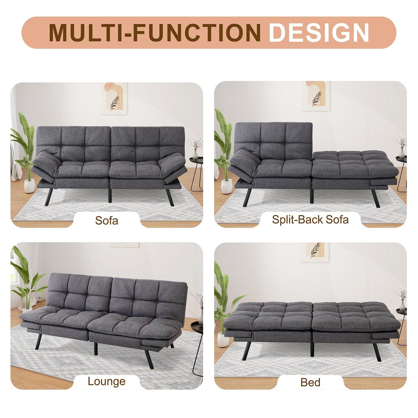 Opoiar Bed with Memory Foam, Convertible Futon Couch with Adjustable Armrests, Multifunctional Sofa Sets for Apartment, Office,Small Spaces Sofabed, Deep Grey