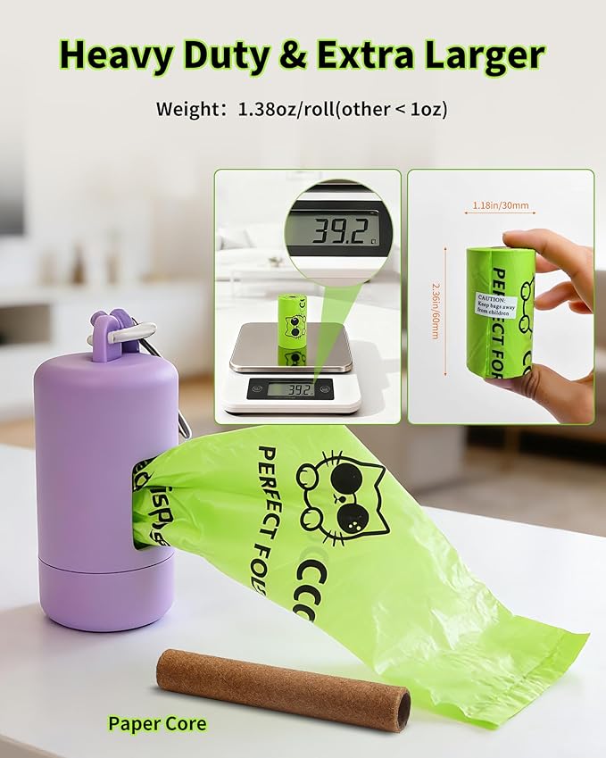 Dog Poop Bags with Dispenser & Holder, Guaranteed Leak Proof, Unscented Extra Thick Heavy Duty Tear-resistant 18-Micron Waste Bag Refill Rolls (Purple (105-Bags, 1-Dispenser))
