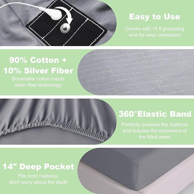 CHALTOUL Grounding Sheets Twin XL Premium Cotton for Healthy Sleep Therapy, Deep Pocket Grounding Fitted Sheets Includes Grounding Cord (Gray, Twin XL -39"x80"x14")