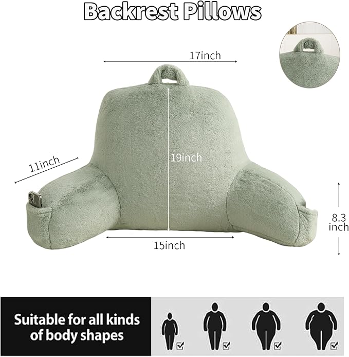 PAJEO Reading Pillow for Sitting in Bed, Large Backrest Reading Pillow with Arm Rest,Back-Rest Support Cushion for Sit Up on Couch, Sofa, and Floor, Dorm Essentials (Green Faux Fur, Large(19"))