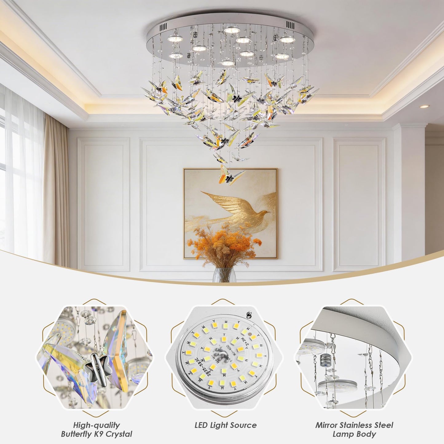 Modern Crystal Chandelier, 24 inch Flush Mount Crystal Ceiling Light with Remote and APP Control, 3CCT Dimmable, Elegant Butterfly LED Chandeliers for Bedroom Dining Room Living Room Foyer Entryway