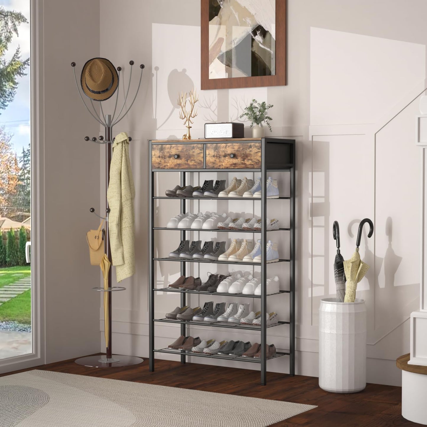 MILEFA 7 Tier Shoe Rack with 2 Drawers, Metal Shoe Organizer for 20 to 28 Pairs of Shoes, Shoe Stand with Steel Frame and Wooden Top, Shoe Shelf for Front Door Entrance, Closet, Rustic Brown