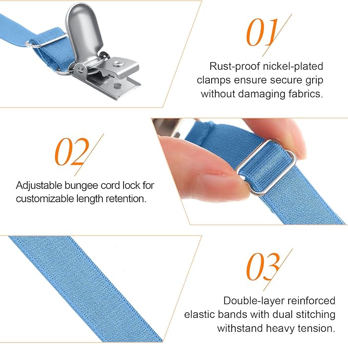 Boao 12 Pcs Bed Sheet Clips Straps Sheet Corner Straps Holder Adjustable Mattress Clips, Elastic Bed Grippers Suspender Fasteners Holder for Home (Sky Blue,8-12 Inch Length)