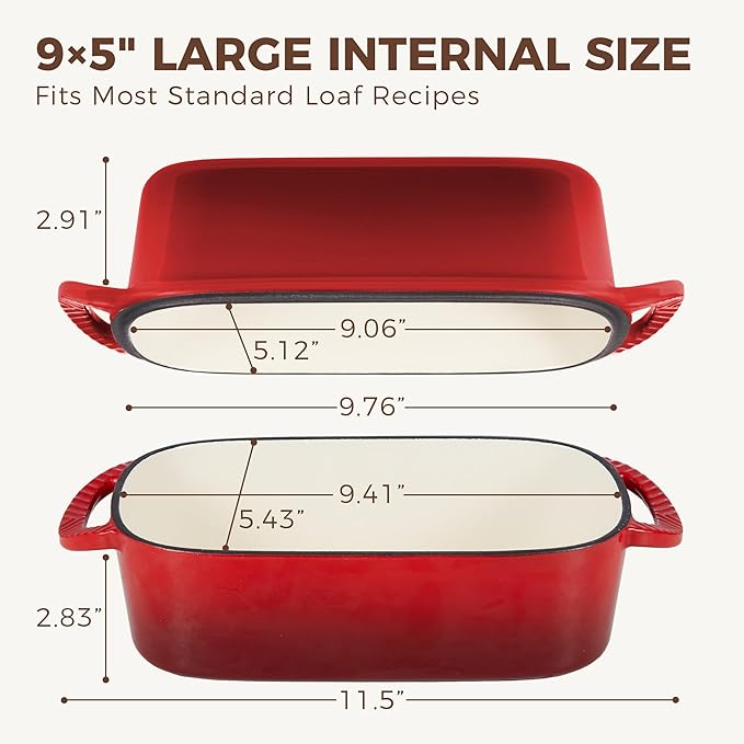 HONGBAKE Everline Collection 2 in 1 Enameled Cast Iron Loaf Pan with Lid, 9x5 Bread Pans for Baking Homemade Sourdough, Non-Toxic Large Loaf Tins, Even Heating Bread Dutch Oven, Red