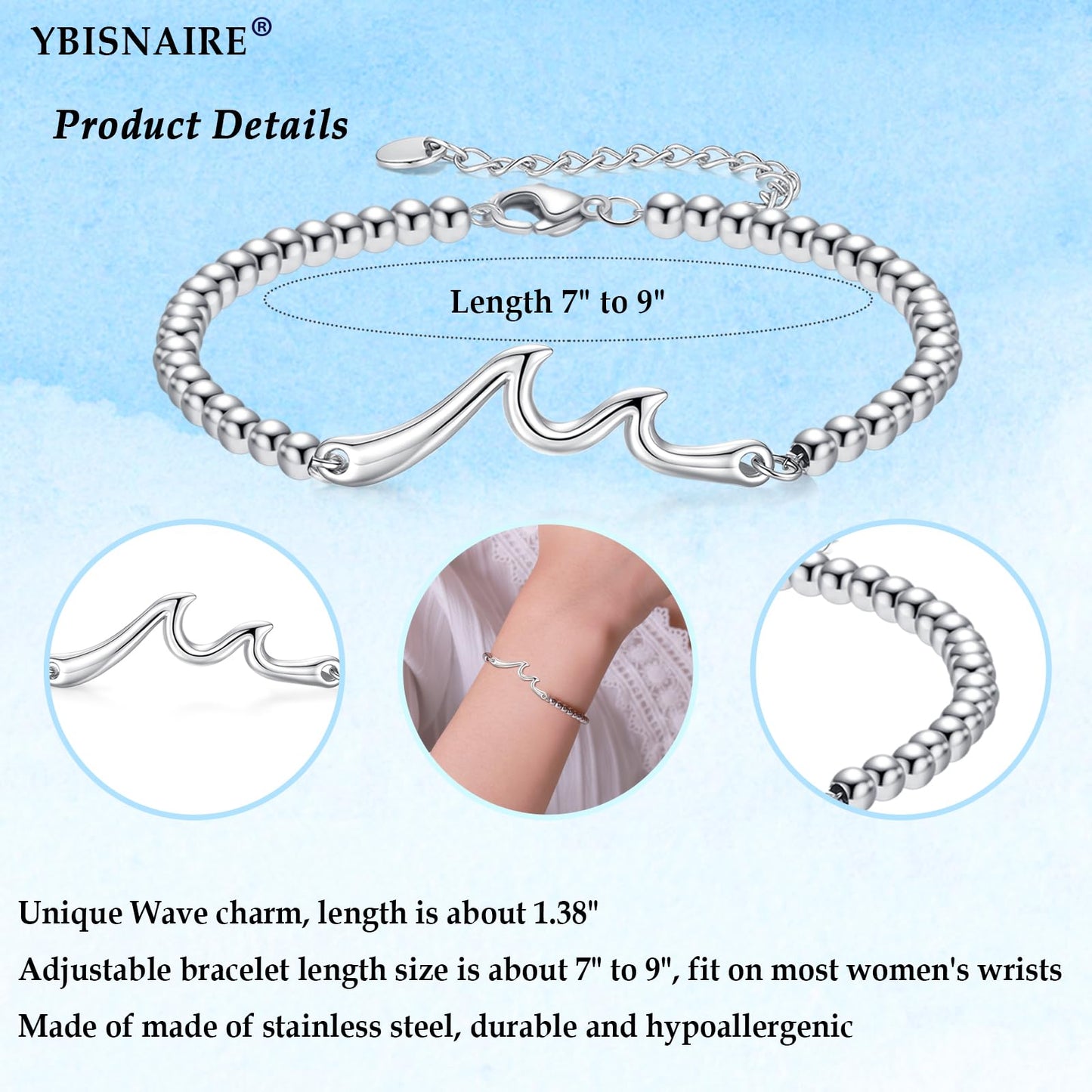 YBISNAIRE 40th Birthday Bracelet Gifts for Women, Silve Wave Bracelet Happy 40 Birthday Gifts for Her 40 Year Old Woman Wife Mom Aunt Woman Daughter Sister Bestie Friend with A Sentimental Gift Card