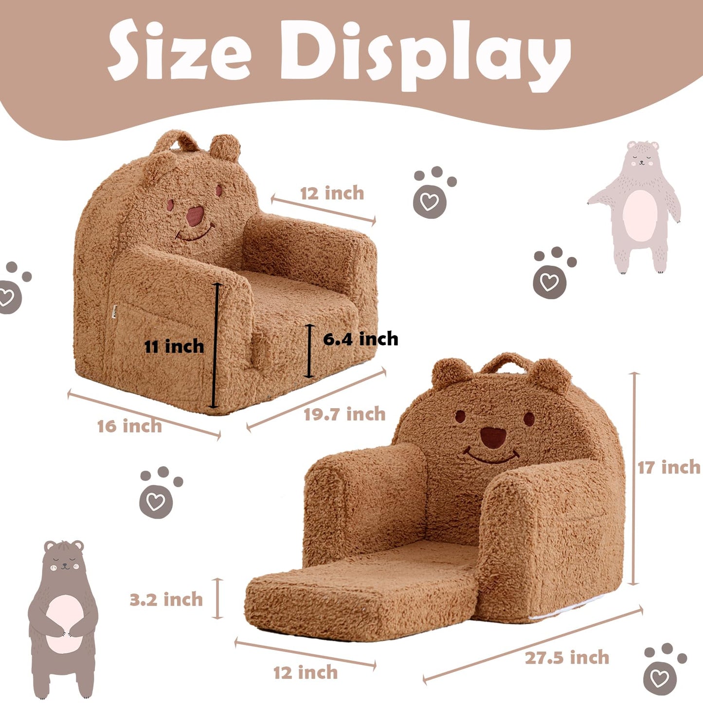 Kisdsa Toddler Chair,Sherpa Bear Kids Chair,Toddler Couch Fold Out,Children Reading Chair,Flip Out Kids Couch,Toddler Sofa Convertible for Age 1-3(Brown Bear)