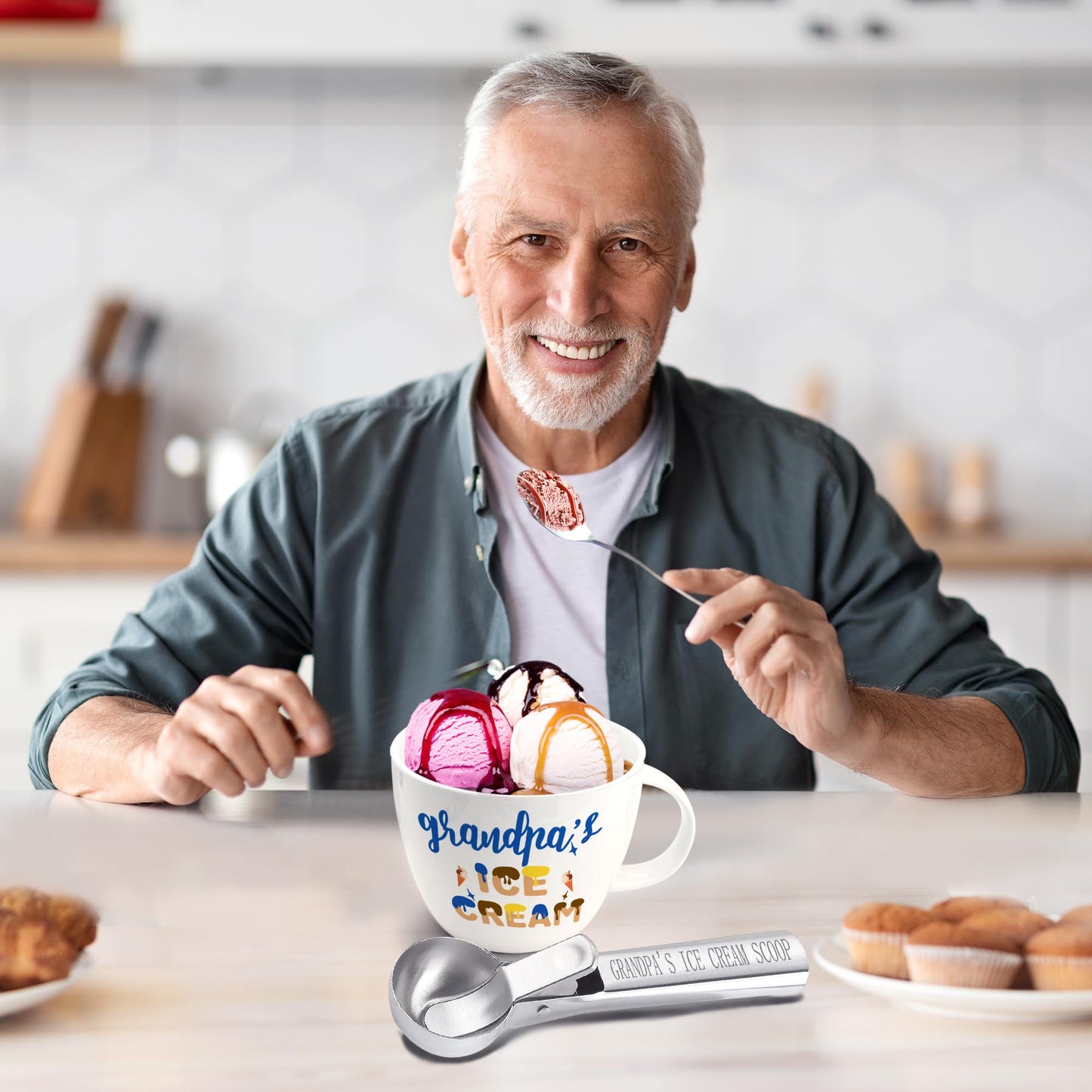 Dolficy Grandpa Gifts, Grandpa Birthday Gift from Grandkids, Grandpa's Ice Cream Bowl Scoop Shovel Spoon Set, Grandpa’s Ice Cream Gift, Christmas Birthday Grandparents Day Present for Him Man