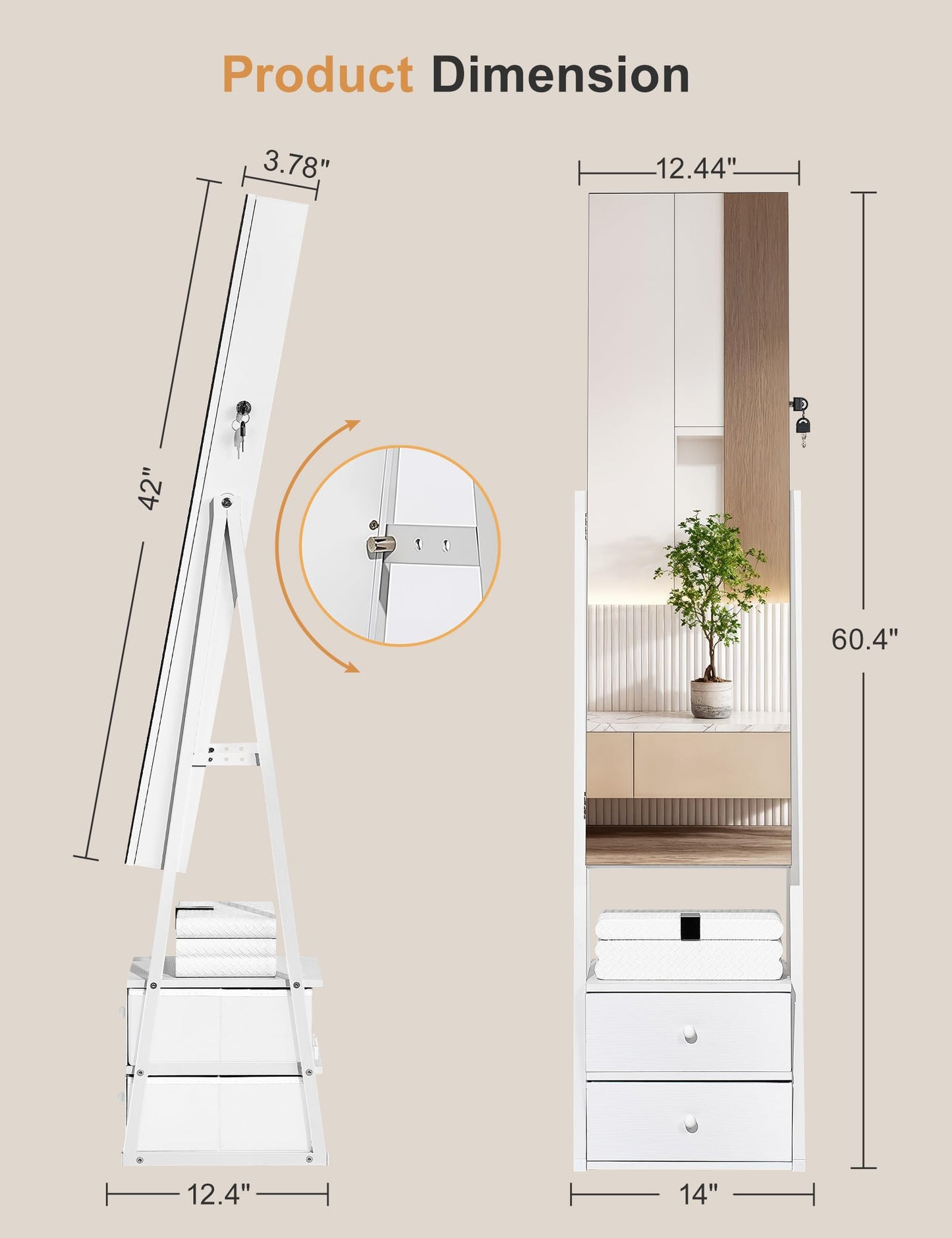Nicetree Jewelry Cabinet Armoire with 2 Drawers, Lockable Standing Mirror Jewelry Cabinet, Full Length Mirror with Jewelry Storage, Gift Idea, Pure White