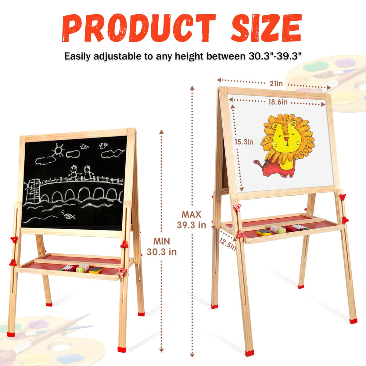 Wooden Art Easel for Kids, Double Sided Foldable Easels for Toddlers 3,4,5,6,7,8,9,10 Years,Adjustable Standing Kids Easel with Accessories, Perfect Painting Gifts for Boys&Girls