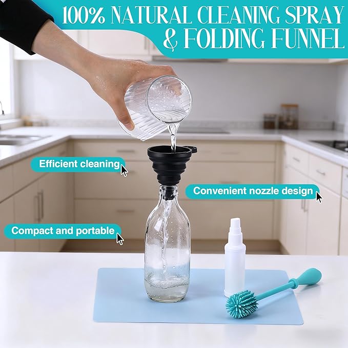 13 Piece Glass Cleaning Kit, Reusable Glass Cleaner Kit with Silicone Brushes, Cleaner Spray, Plugs & Caps, Mat, Folding Funnel, Microfiber Towel & Storage Bag, Effortless Cleaning & Easy Storage