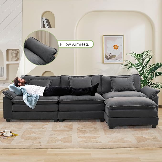 Oprisen 120" Modular Sectional Sofa, Comfy Cloud Couch Sectional Sofa with Ottoman, Velvet Sofa Sleeper Deep Seat Sofa with Throw Pillows for Living Room (Blue Gray, 120"- L Shape)