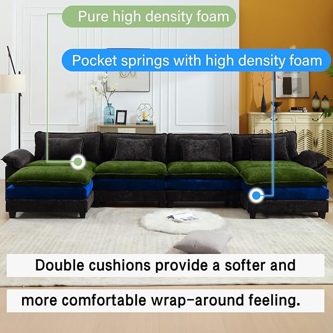 Oprisen 154" Modular Sectional Sofa, Comfy Cloud Couch Sectional Sofa with Ottoman, Chenille Sofa Sleeper Deep Seat Sofa with Throw Pillows for Living Room (Black, 154"- U Shape)