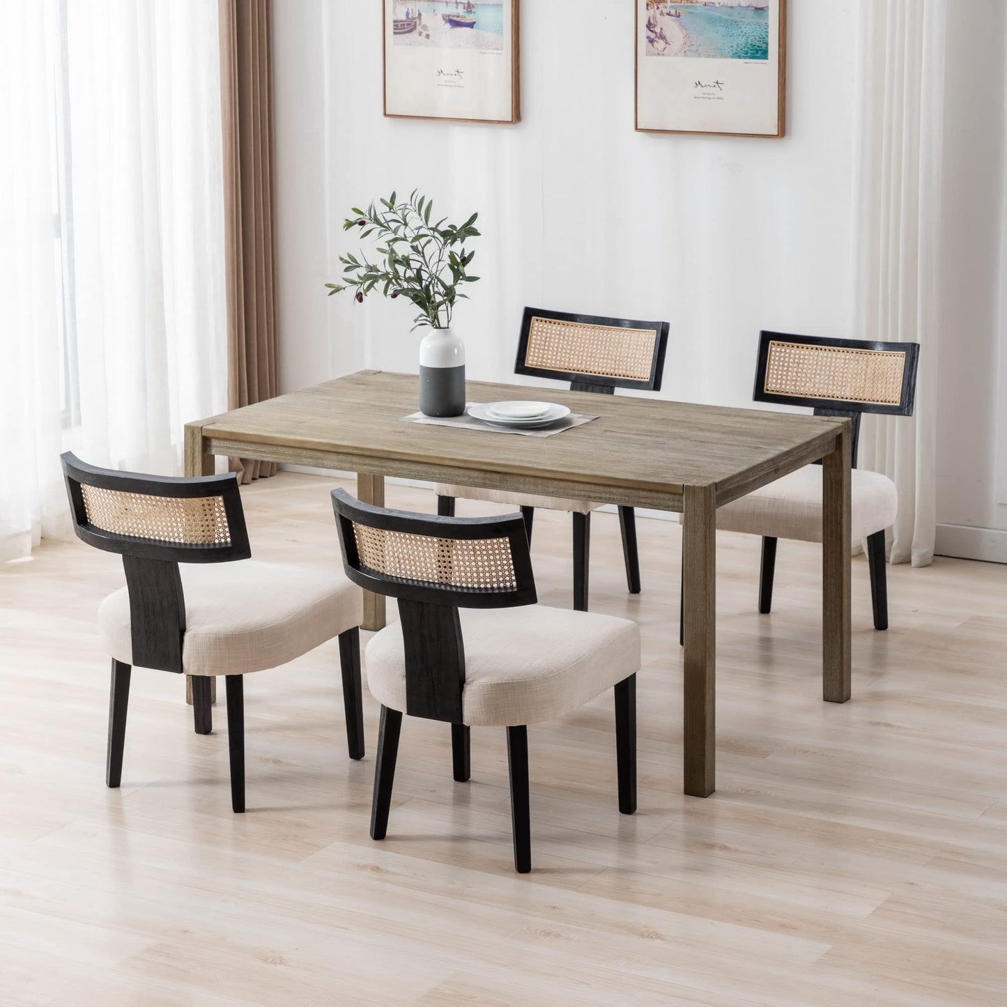 RIVOVA Rattan Dining Chairs Set of 4, Modern Dining Chairs, Kitchen Dining Room Chairs, Curved Cane Back Upholstered Linen Fabric Dining Chairs with Black Wood Frame, Beige