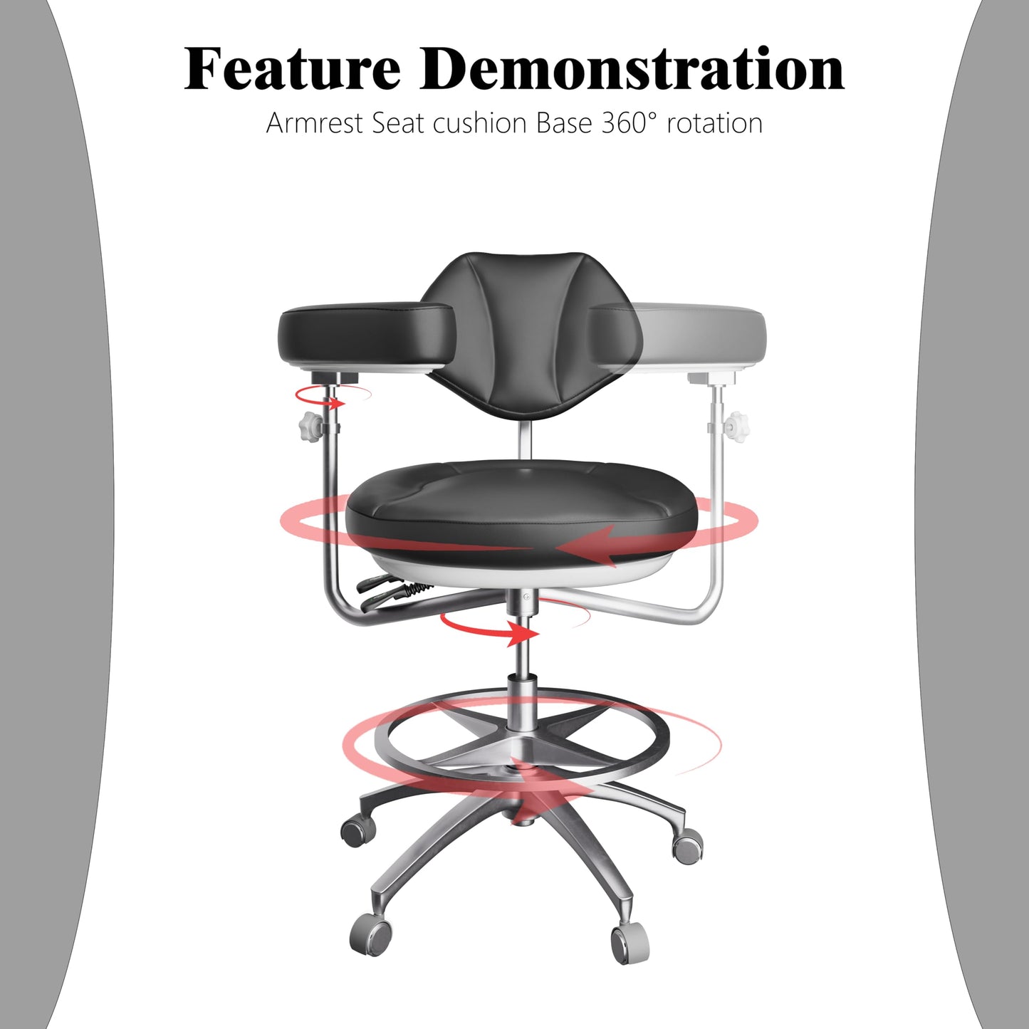 Dental Assistant Chair Ergonomic Medical Adjustable Rolling Stool with Back Support Rotatable Armrest for Clinics Dentist Tattoo Office,Salon,Laboratory - Black