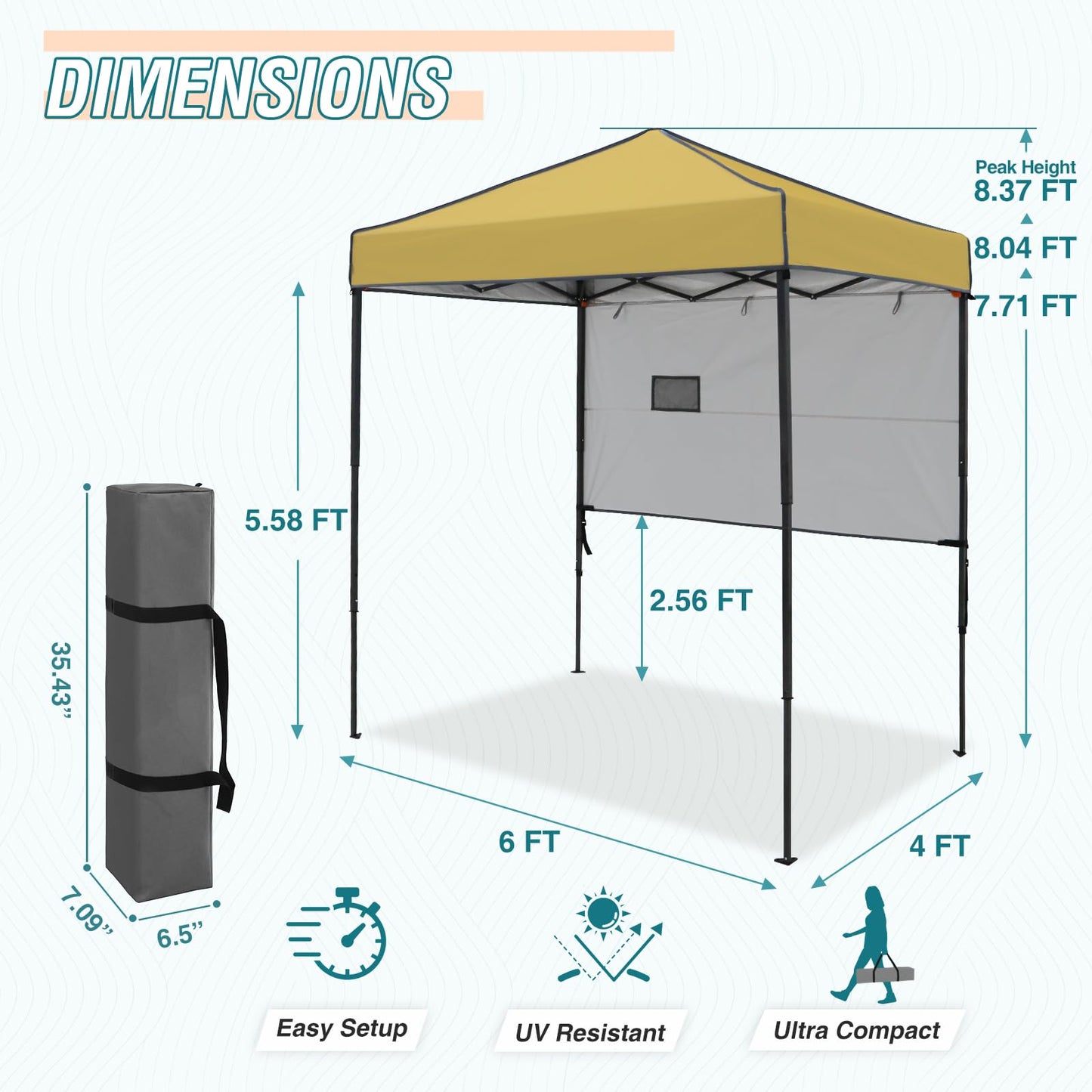 EAGLE PEAK Instant Pop Up Canopy with Adjustable Sun Wall 6x4, Straight Lightweight Compact Portable Tent with Carry Bag, Beige