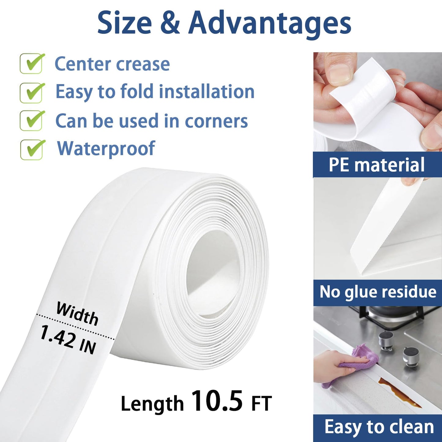 Caulk Tape, Caulk Tapes Waterproof Self Adhesive, Traditional Caulking Sealant Replacement, Caulking Strips for Toilet, Bathroom, Sink, Bathtub, Floor Wall Edge Protector（1.42" x 10.5Ft）