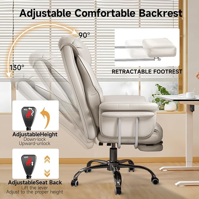 HDHNBA Big and Tall Office Chair 550 lbs Extra Wide Leather Executive Chair with Retractable Footrest, Heavy-Duty Ergonomic Chair, Adjustable Height Computer Gaming Chairs