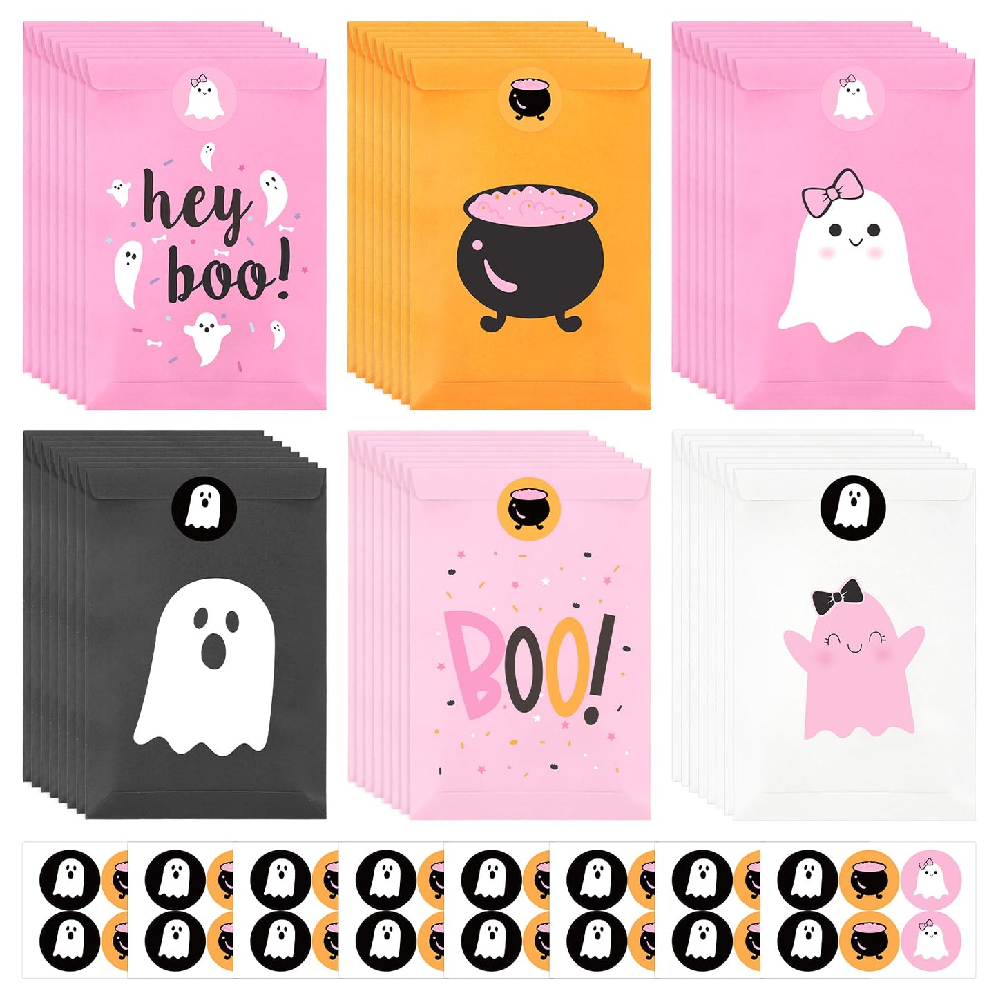 FHzytg 48Pcs Halloween Boo Party Favor Bags, Pink Halloween Ghost Candy Gift Bags for Girl Spooky Birthday Decorations Boo Baby Shower Happy Boo Day Decorations