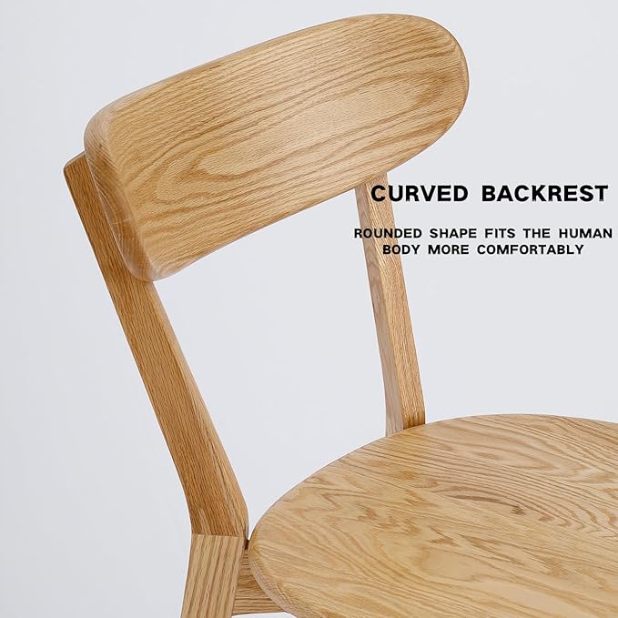 Grewood 100% Solid Oak Wood Dining Chairs Set of 2, Mid Century Modern with Wide Rounded Backrest, Chairs for Dining Room, Kitchen Chairs, Original Wood Color