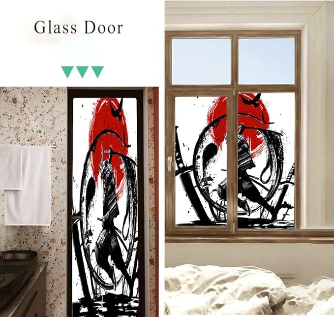 Japanese Samurai Decorative Window Film Watercolor Ink Samurai Sword Red Sun Printdining Room Window Film,Dorm Room Glass Film 23.6Wx78.7L-Inch X2Pcs
