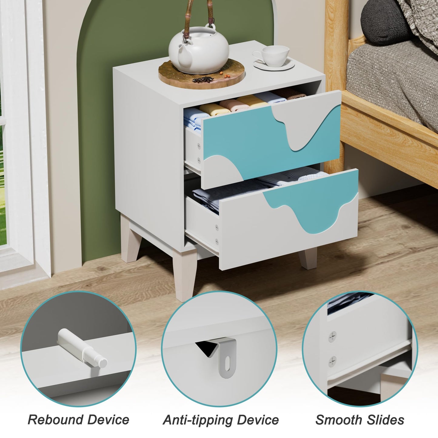 UEV 9-Drawer Dresser & 2 Nightstands Set - 3 Piece Modern Bedroom Furniture Set, 63" Wide Wooden Chest of Drawers with Flowing Water Pattern,2-Drawer Night Stands for Bedroom (White/Blue