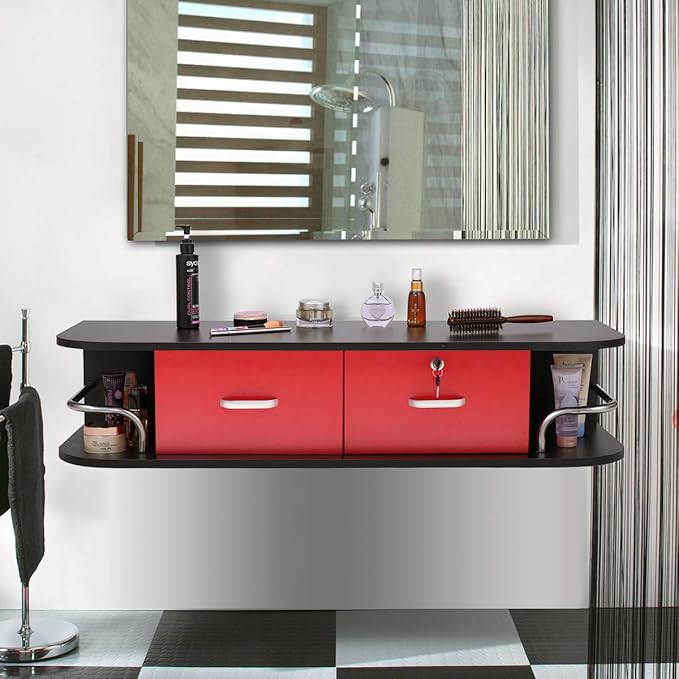 Multifunctional Wall-Mounted Beauty Station Salon Equipment with 2 Drawers, for Beauty Salon or SPA, Barber Shop, Home & Bathroom, Black and Red