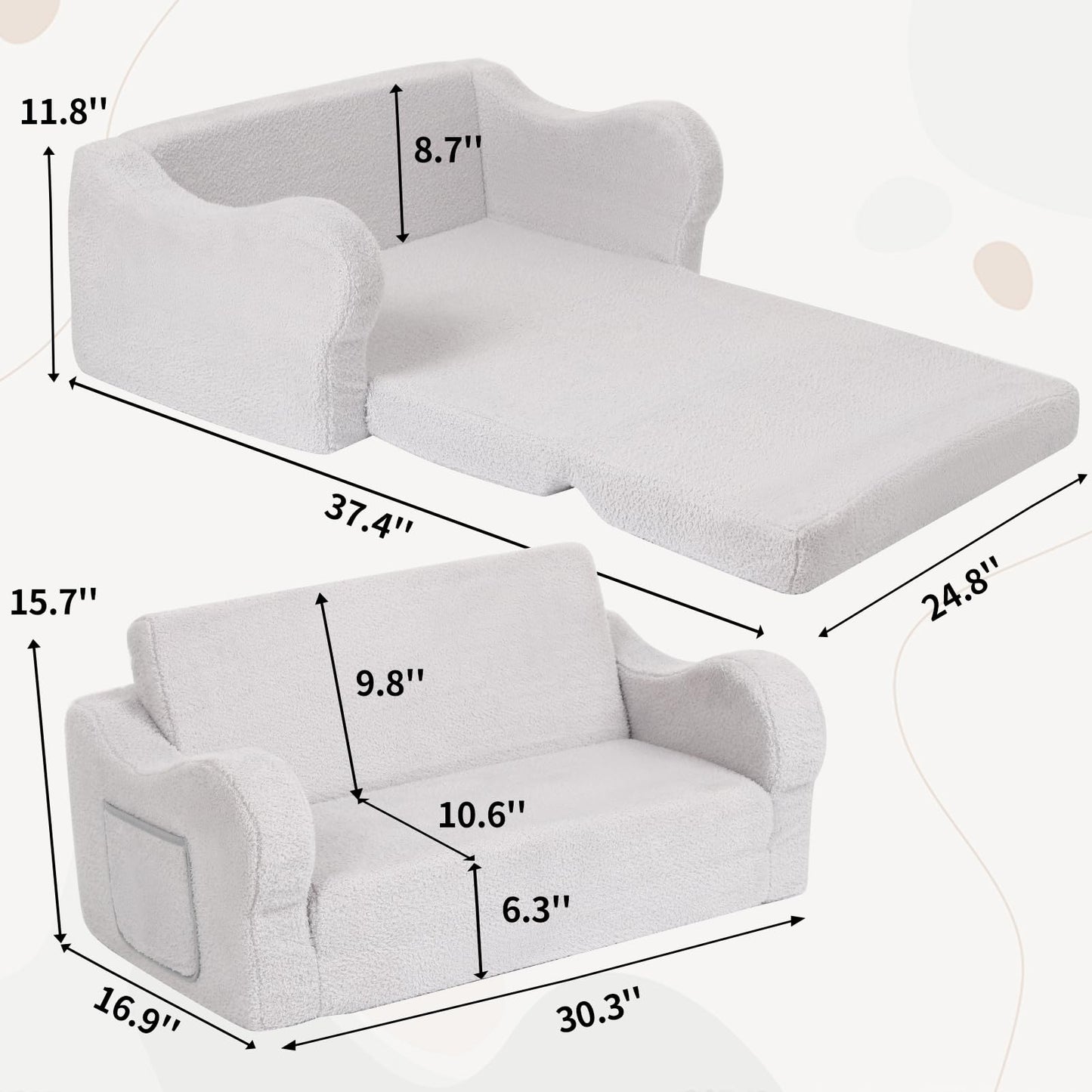 BestRoyal Extra Wide Toddler Chair, 2-in-1 Toddler Couch Fold Out, Convertible Sherpa Sofa to Lounger for Boys & Girls, Grey