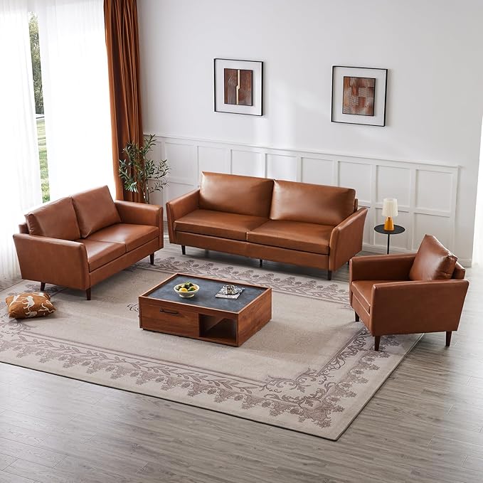 Kingfun Living Room Furniture Sets, 3 Seater Sofa, Loveseat and Armcahir, Mid Century Modern Sofa Set, Faux Leather Couch with Solid Wood Frame for Living Room & Bedroom, Chestnut