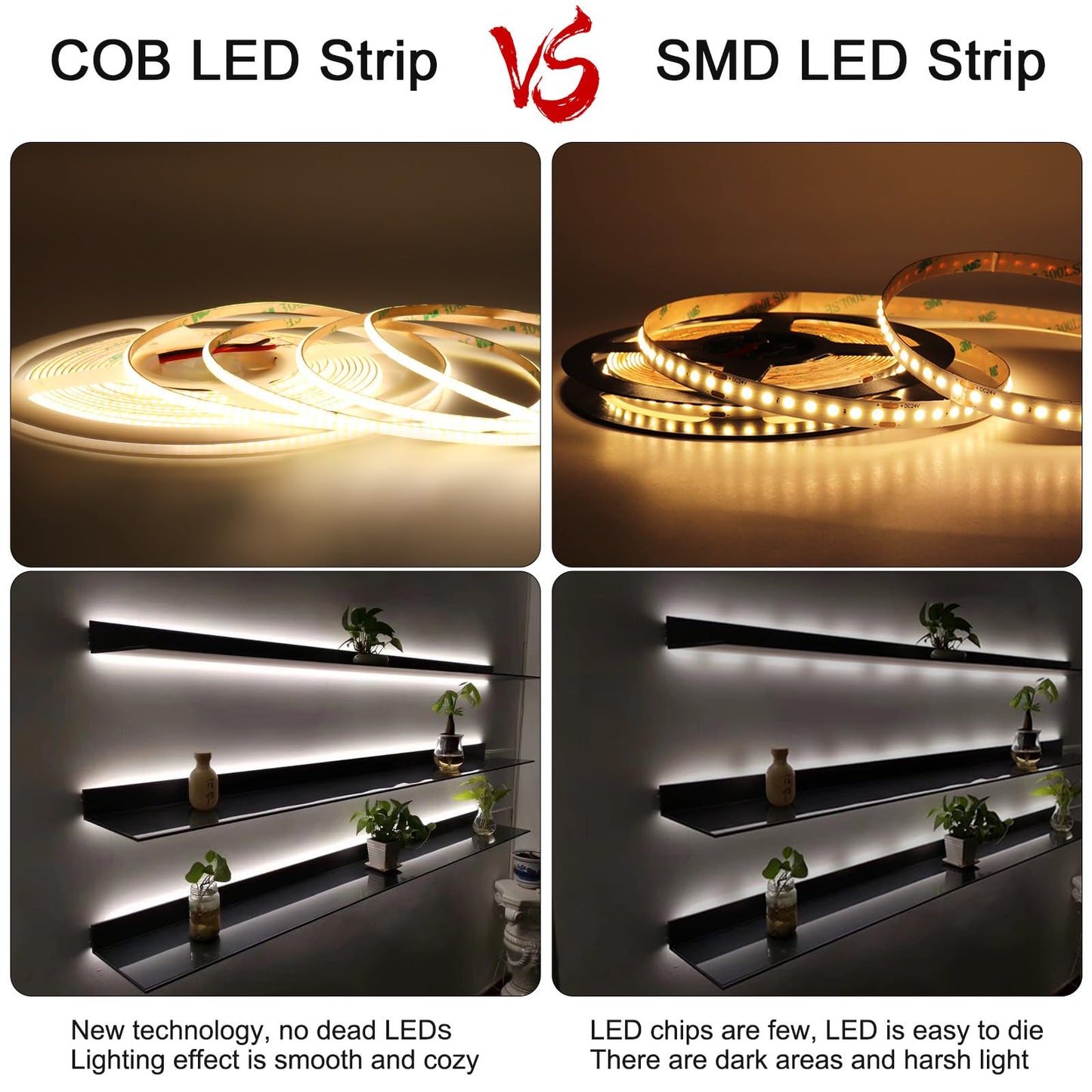 3mm COB Strip Light, DC 24V Blue 16.4ft Flexible Cuttable Ultra-Thin LED Tape CRI>90 Uniform Dotless 400LEDs/M LED Light for for Christmas Bedroom Home Kitchen Cabinet Decor (NO Power Supply)