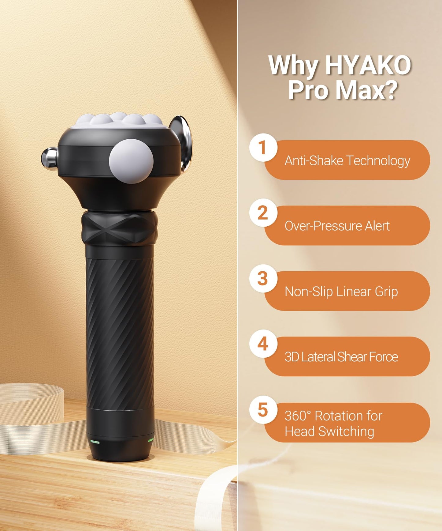 HYAKO Pro Max Therapy Massager - 6500 RPM Pro-Grade Deep Tissue Vibration for Full Body Pain Relief & Fascia Release | for Large Muscles & Sensitive Areas | Handheld Portable Massage Gun (Grey)
