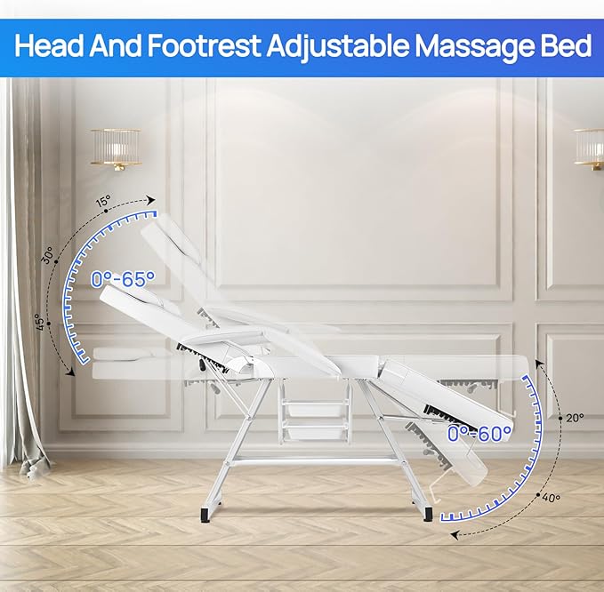 Facial Chair Tattoo Chair Massage Bed Adjustable 3-Section Multipurpose with Hydraulic Stool for Esthetician Beauty Spa Tattoo Eyelash Equipment White