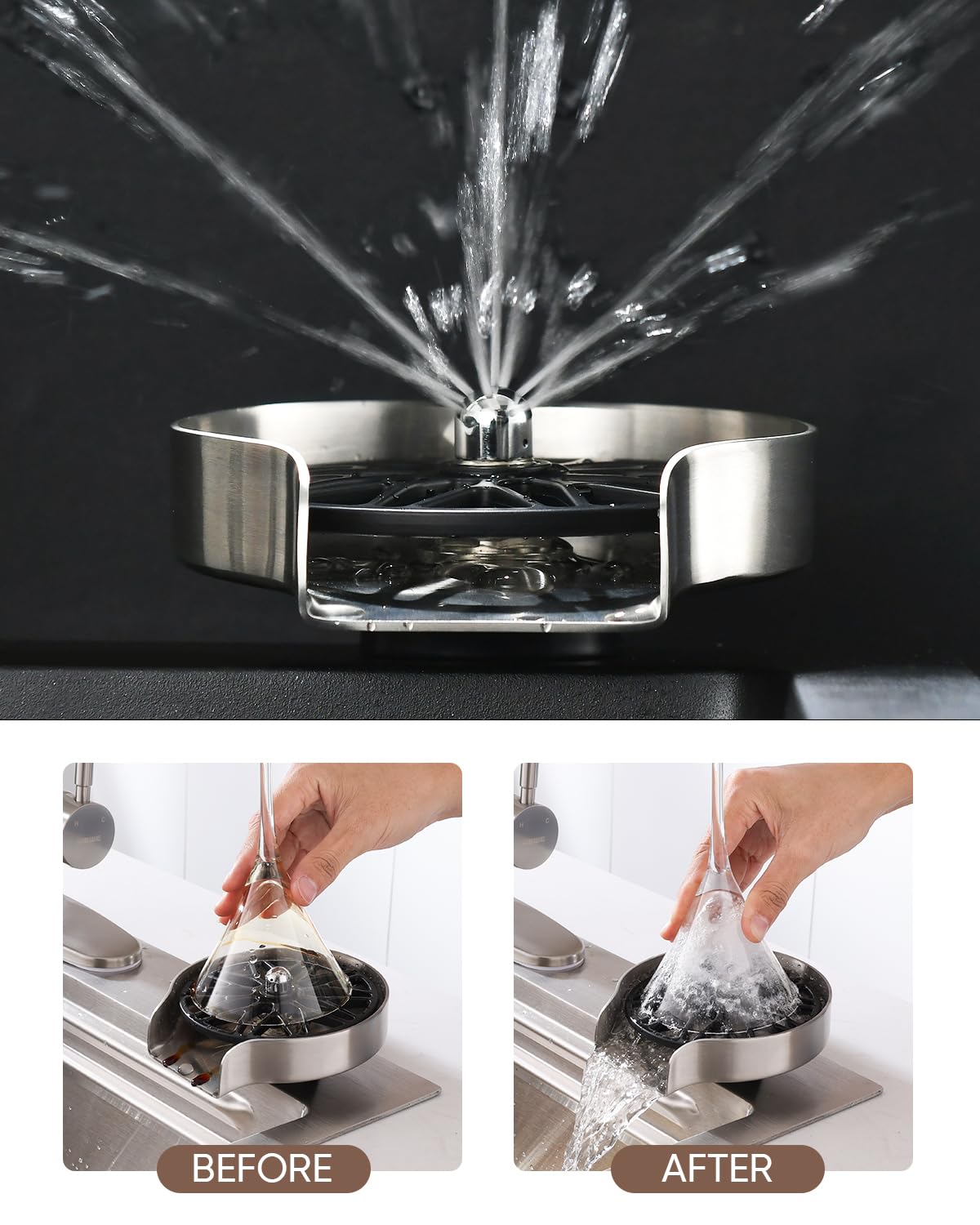 Glass Rinser for Kitchen Sink, Brushed Nickel Stainless Steel Universal Sink Bottle Washer Sink Cup Washer for Baby Bottle