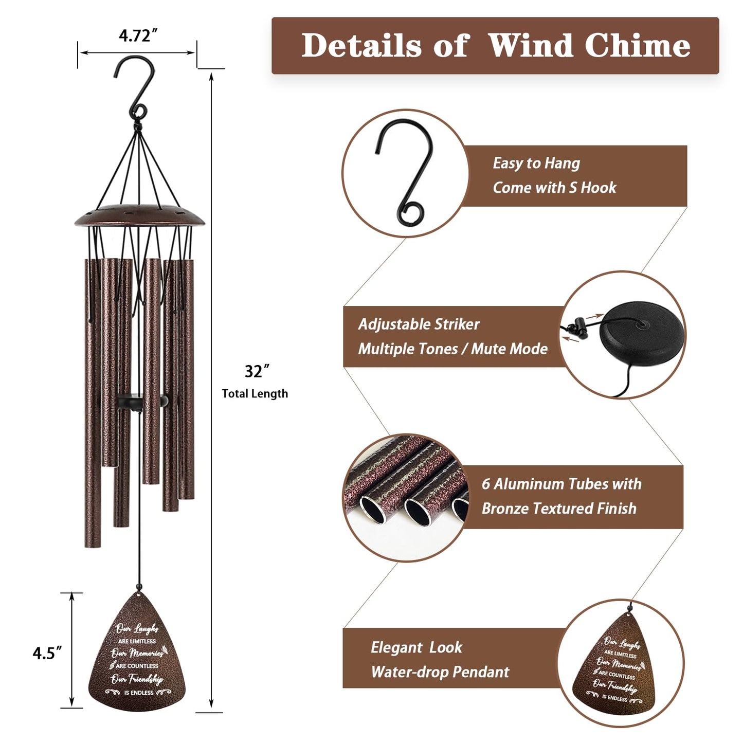 Soopau Gifts for Best Friend Women Men, 32" Bronze Wind Chimes Friendship Gifts for Women, Bestie Gifts for Women, Gift Ideas for Bestfriend