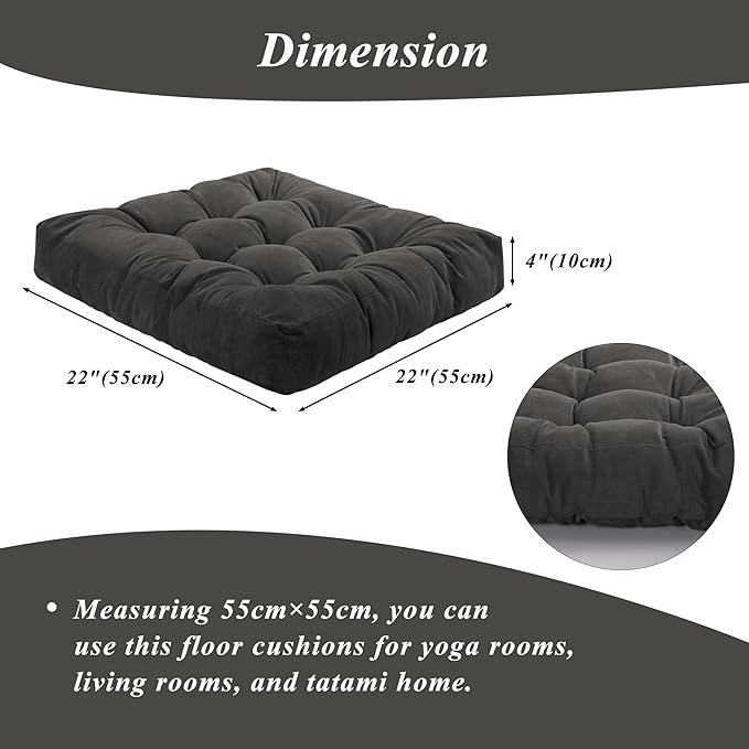 FlyGulls Meditation Floor Pillow 22×22 Inch 1 Pack Large Floor Cushions for Adults Square Tufted Corduroy Floor Pillows for Yoga Living Tatami Room Dark Grey