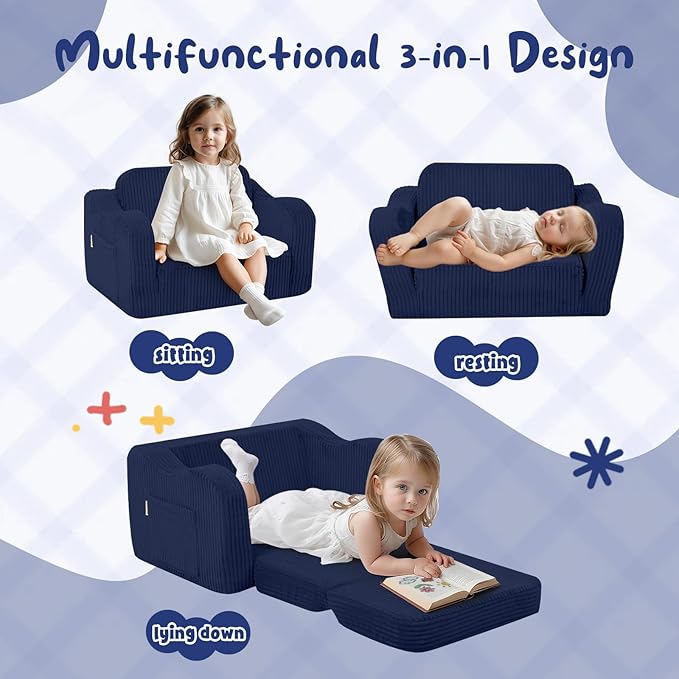 MeMoreCool Toddler Corduroy Chair – 2-in-1 Foldable Sofa Bed, Navy | Ages 1–3, Lightweight & Compact, Washable Cover for Nursery & Travel