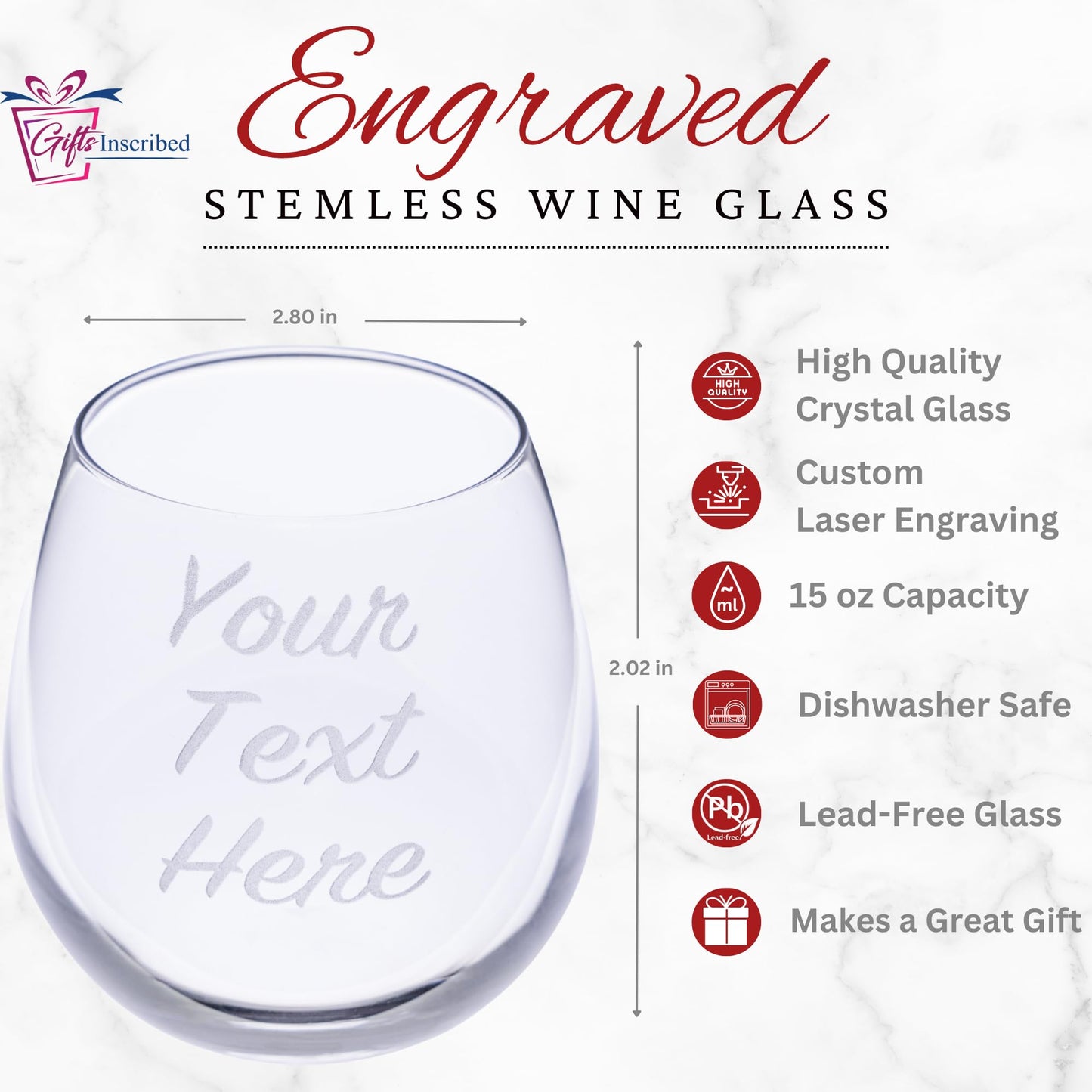 Gifts Inscribed Personalized Stemless Wine Glass – Custom Engraved Drinking Cup with Text – Laser Etched Wedding, Engagement, Anniversary, Bridal Party Gift