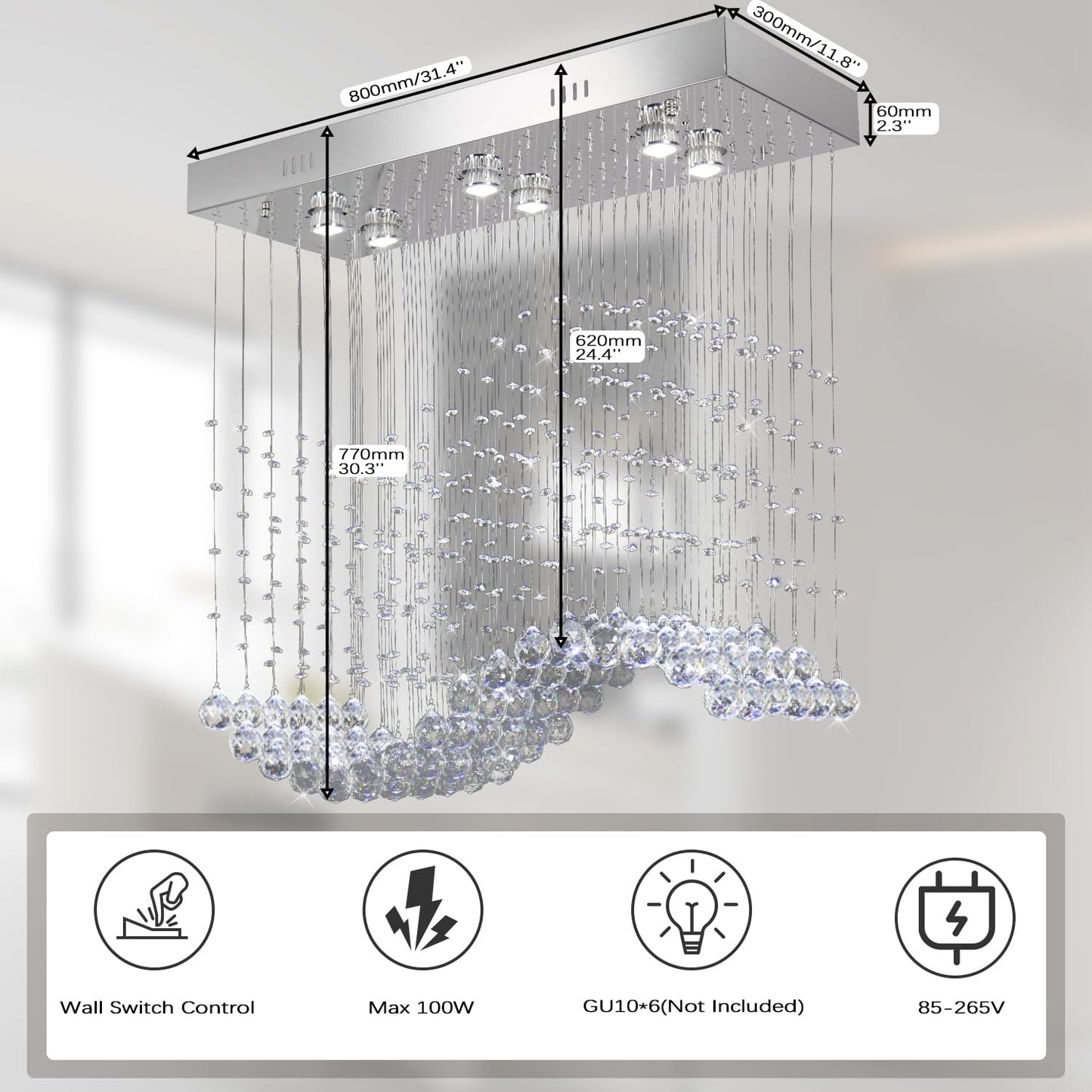 Finktonglan Linear Crystal Chandelier for Kitchen Island, 31.5'' Rectangular K9 Crystal Island Chandelier, 6-Light GU10 Height Adjustable Modern Dining Room Ceiling Light
