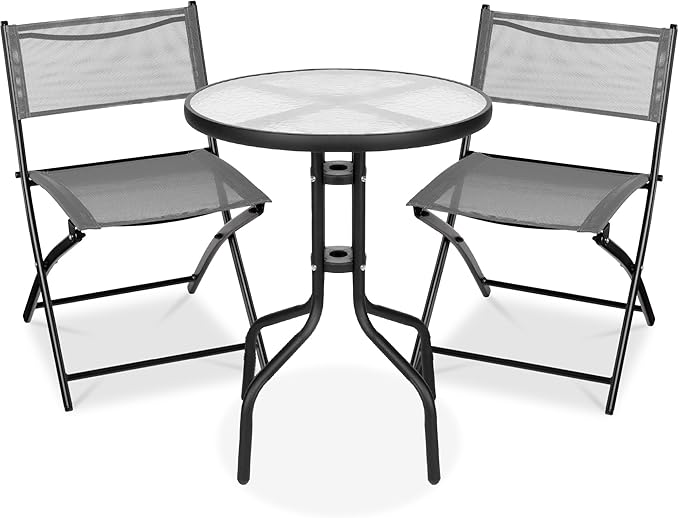 Best Choice Products 3-Piece Patio Bistro Dining Furniture Set w/Glass Tabletop, 2 Folding Chairs, Steel Frame, Polyester ...