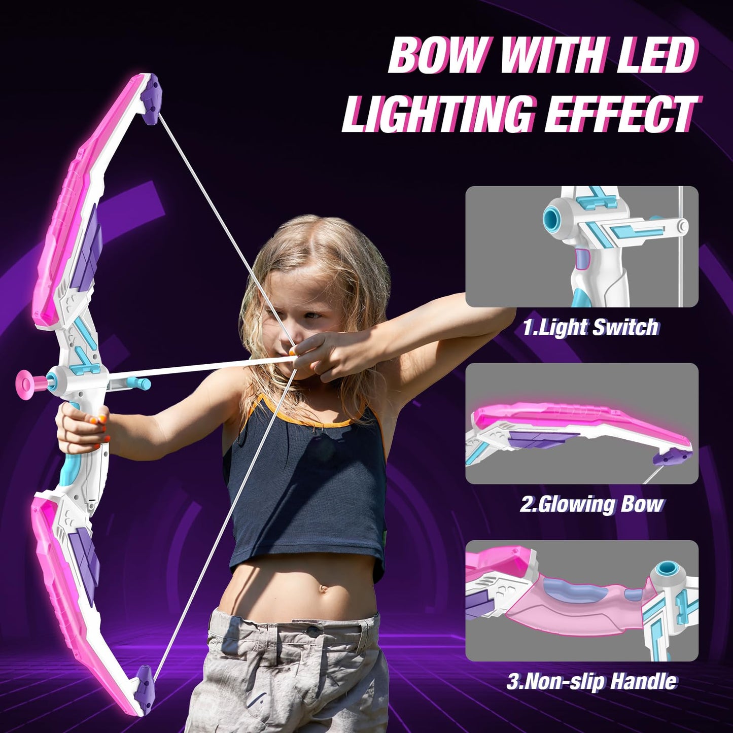 HYES Bow and Arrow for Kids 4-6, LED Light Up Archery Set with 12 Suction Cup Arrows, 1 Standing Target, 3 Score Targets & 1 Quiver, Indoor Outdoor Sport Gifts for Boys Girls Ages 8-12, Purple