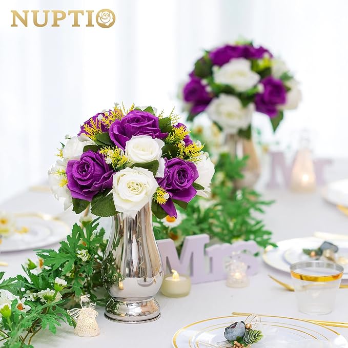 NUPTIO Flower Centerpieces for Wedding Tables: 6 Pcs Purple & White Artificial Flower Ball Arrangement for Christmas Thanksgiving Party - Fake Floral Rose for Bridal Shower Decor