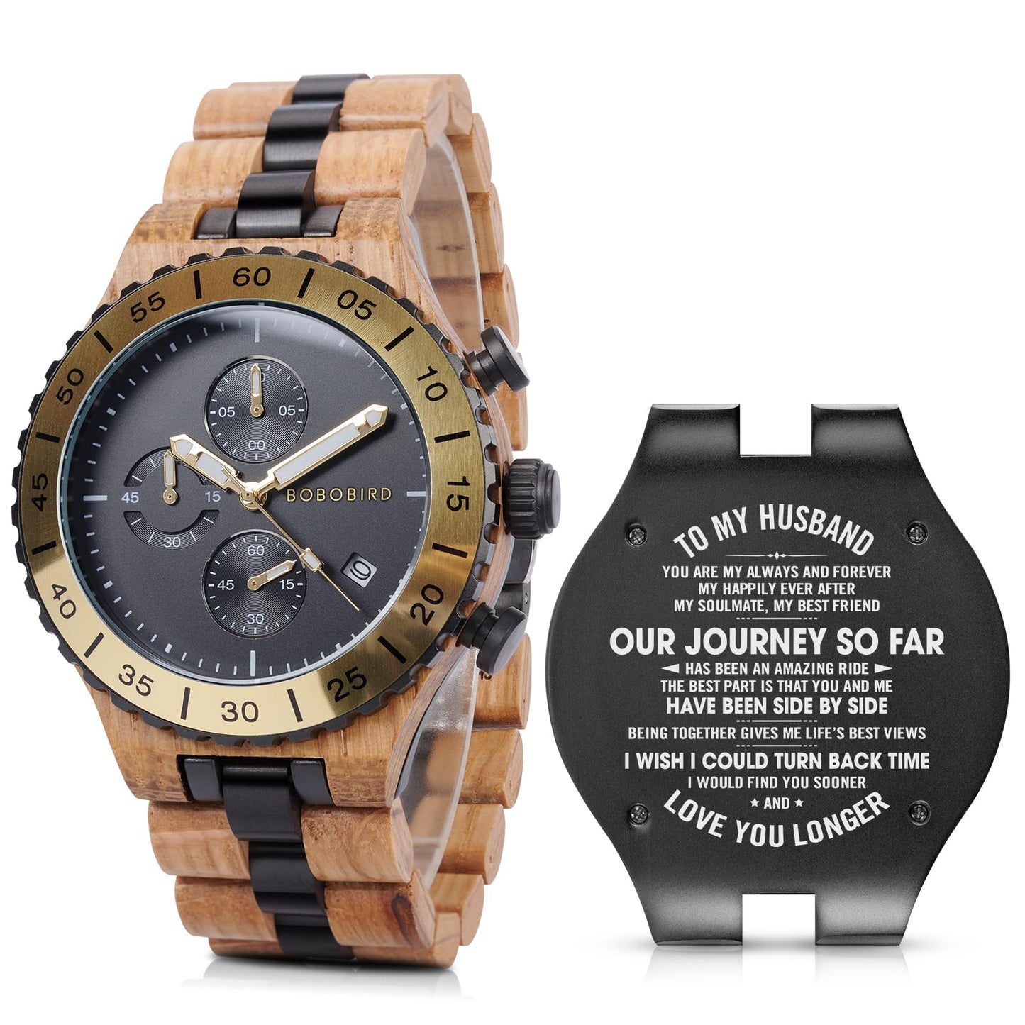 2win Engraved Wooden Watches for Men Gold Date Chronograph Military Luxury Japanese Movement Personalized Anniversary Watch Gift for Husband My Man Boyfriend (A-for-Husband)