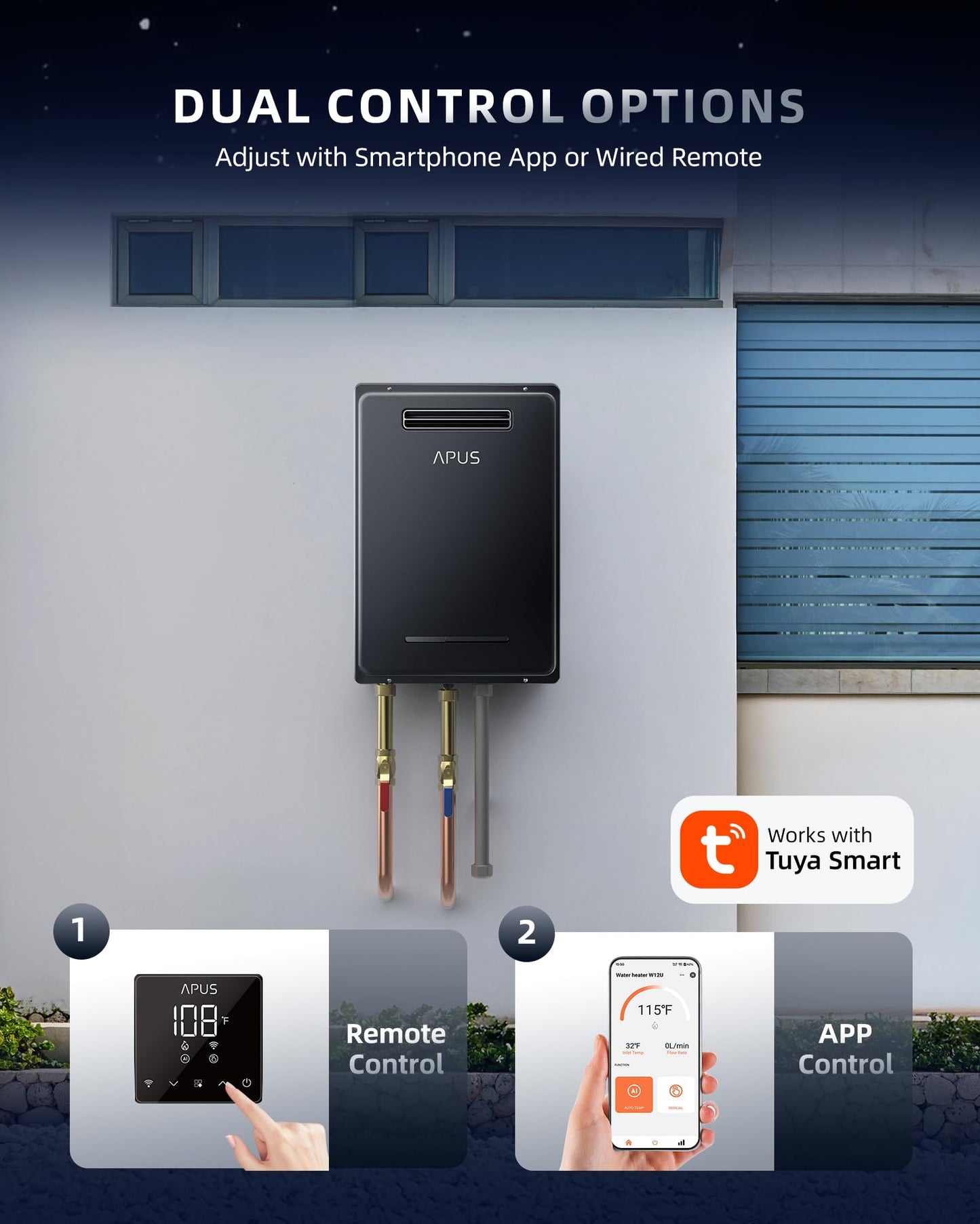 APUS 190,000 BTU Outdoor Tankless Water Heater, 8.1 GPM Propane Instant Hot Water Heater with WiFi & Remote Control, High Efficiency for Supports 5 Outlets