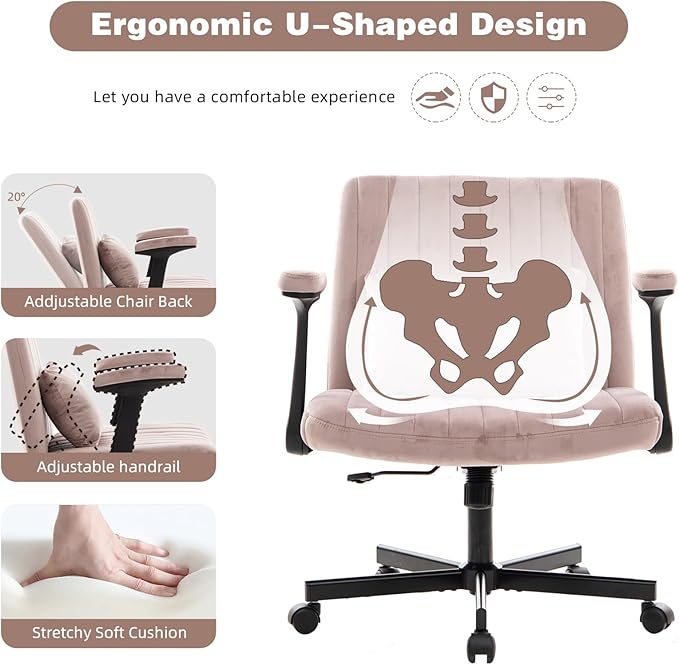 Furnimart Criss Cross Desk Char Wide Seat with Wheels and Arms, 360° Swivel Cross Legged Desk Chair Thick Cushion, Linen Comfy Armless Home Office Chair for Bedroom, Vanity, Sturdy (Light Pink)