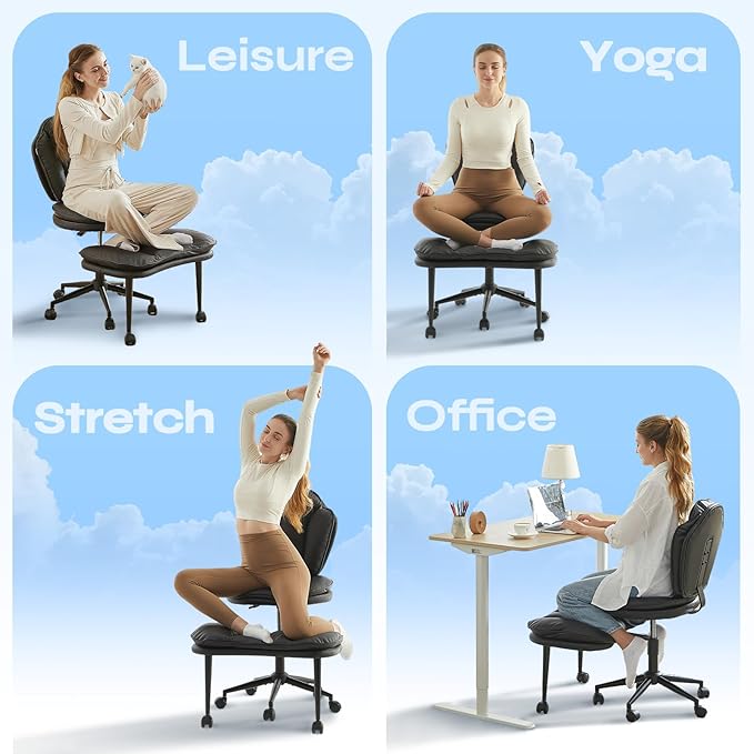 Ergonomic Cross Legged Office Chair for ADHD, Kneeling Chair with 360° Swivel Wheels and Reversible Seating for Meditation, Adjustable Height and Seat Deapth, Teddy Fabric, Black