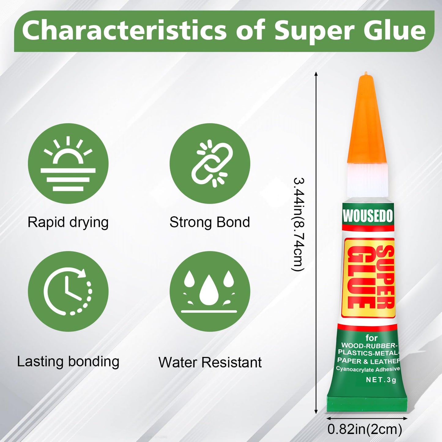 WOUSEDO 12 X 3g Super Glue Clear, Strong Adhesive,Super Glue Fast Drying Cyanoacrylate Glue for Wood,Rubber,Leather, Plastic, Metal, Rhinestone Jewelry, DIY Crafts and More