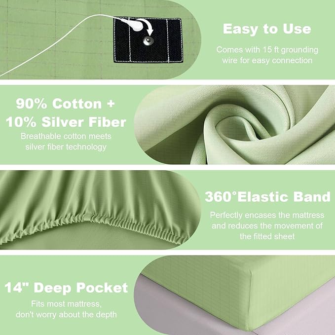 CHALTOUL Grounding Sheets Queen Size Premium Cotton for Healthy Sleep Therapy, Deep Pocket Grounding Fitted Sheets Includes Grounding Cord (Sage Green, Queen -60"x80"x14")