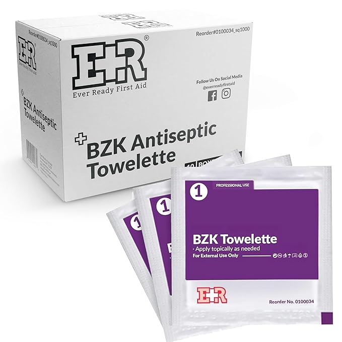 Benzalkonium BZK Wipes [1000 Count] – 5”x7” Antiseptic Towelettes, First Aid Hand Wipes, Individually Wrapped, Sterile for Skin Cleansing (Bulk Pack)