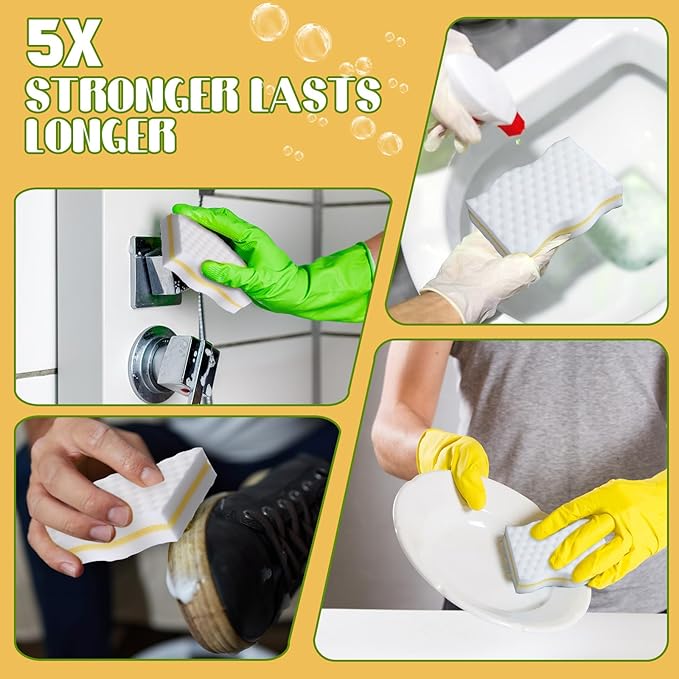 60 Pack Magic Extra Durable Sponge Eraser 3 Layer Density Cleaning Pads in Bulk Thick More Lasting Sponge Eraser for Bathroom Kitchen Floor Bathtub Toilet Cleaner (Yellow and White)